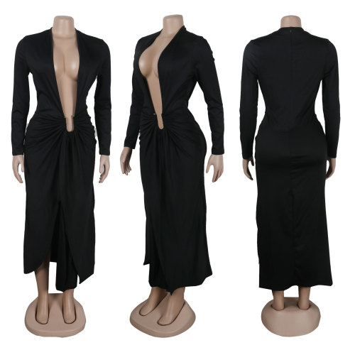 Large neckline U-shaped decorative slit long sleeved dress