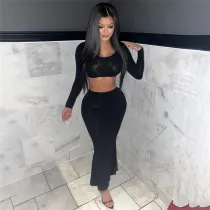 Solid color navel exposed long sleeved slim fit wrap buttocks half length skirt set