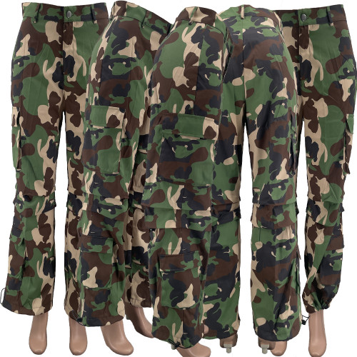 Women's camouflage multi pocket zippered loose workwear leggings