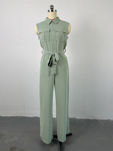 Lapel pocket with waistband and loose wide leg sleeveless jumpsuit