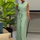 Lapel pocket with waistband and loose wide leg sleeveless jumpsuit