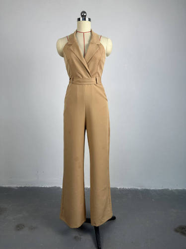 Hanging neck, backless, high waisted, pocket inserted casual jumpsuit, women's pants