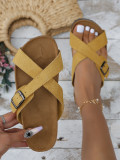 Retro style cross wide strap buckle decorated wooden sole slippers