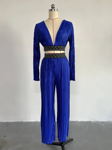 Pleated V-neck flared sleeve shirt wide leg pants casual set