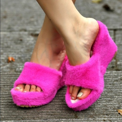 Leisure multi-color short plush fish mouth sloping heel raised fur slippers