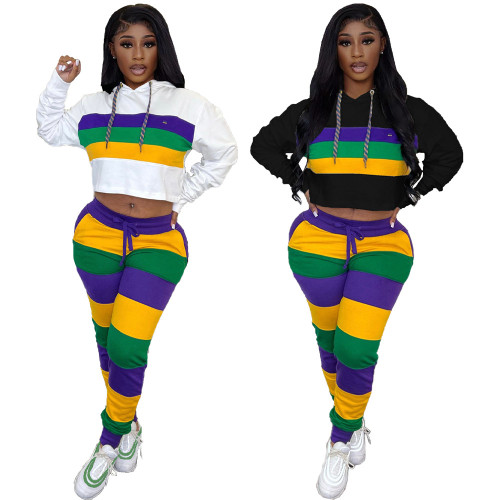 Casual sports striped positioning printed hooded two-piece set