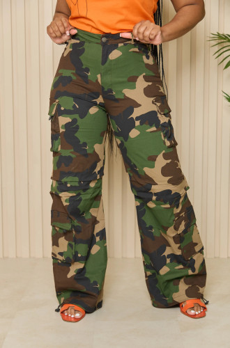 Women's camouflage multi pocket zippered loose workwear leggings