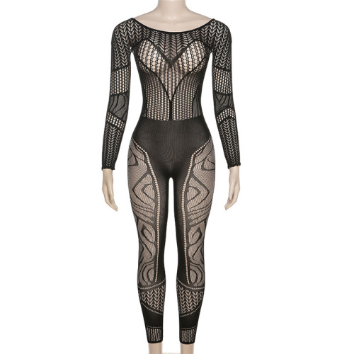 Sexy Hollow Jacquard Knitted High Waist Tight jumpsuit
