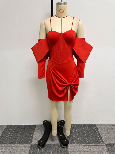 One shoulder split bow elastic tight fitting dress