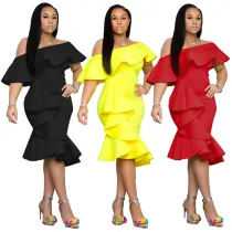 Wrapped chest ruffled collar irregular dress dress