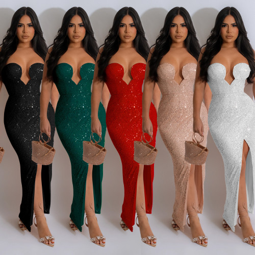 Women's solid color sexy sequin backless long dress dress