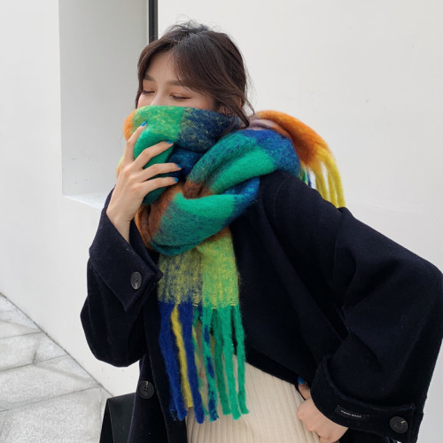 Thickened double-sided color blocking and enlarged shawl, imitation cashmere tassel scarf