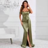 One line neckline slit evening dress, fishtail dress, long dress, dress
