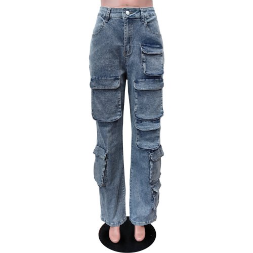 Elastic workwear pants, casual straight leg denim pants