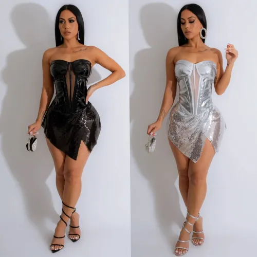 Pearl mesh perspective splicing with irregular hem and split mini skirt bra