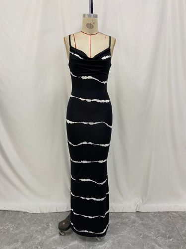 Oversized women's striped printed sexy deep V-belt long skirt