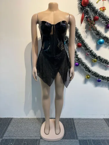 Pearl mesh perspective splicing with irregular hem and split mini skirt bra
