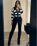 Black and white striped single breasted cardigan sweater