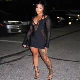 Deep V-neck dress with mesh splicing, long sleeved buttocks wrapped skirt, pullover skirt