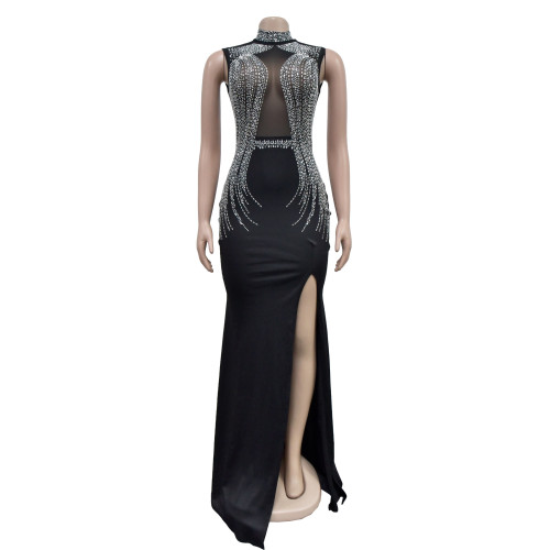 Women's solid color mesh hot diamond split long skirt dress