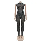 Women's solid color mesh hot diamond sleeveless long pants jumpsuit