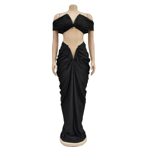 Women's solid color sexy strapless pleated skirt two-piece set