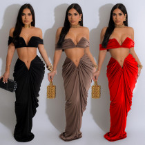 Women's solid color sexy strapless pleated skirt two-piece set