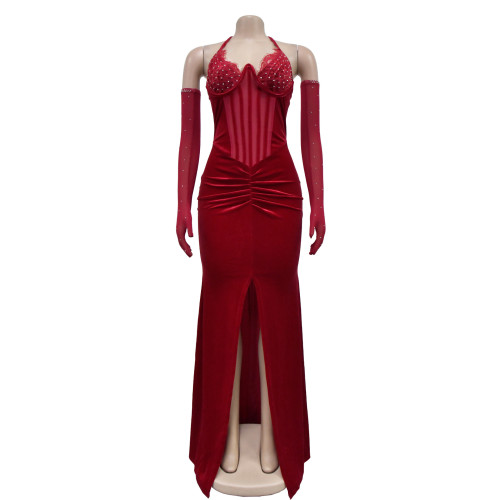 Women's solid color neck hanging slit sexy long dress dress