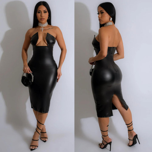 Tight elastic buttocks with irregular hollow and split leather strapless skirt