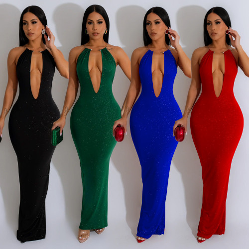 Women's solid color hollowed out backless sleeveless long dress dress