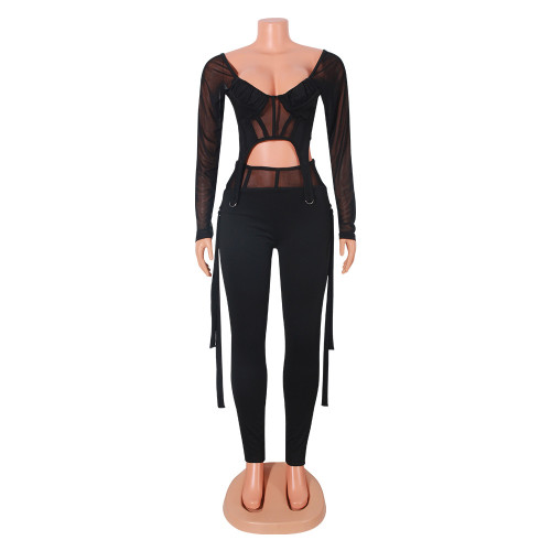 Sexy Mesh Perspective Long Sleeve Two Piece Overpants Set