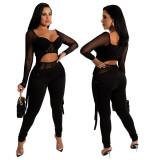 Sexy Mesh Perspective Long Sleeve Two Piece Overpants Set