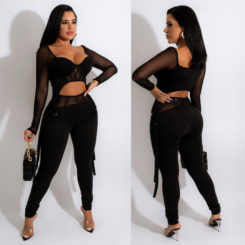 Sexy Mesh Perspective Long Sleeve Two Piece Overpants Set