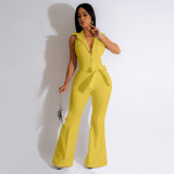 Button lapel micro flared pants, work bag jumpsuit with belt included