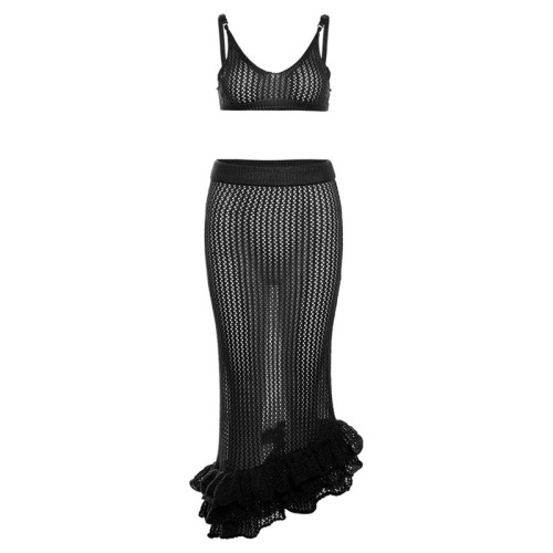 Sexy Hollow Knitted Tank Top High Waist Wrap Hip Long Dress Set