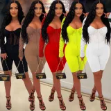 Women's solid color long sleeved shorts with mesh perspective jumpsuit