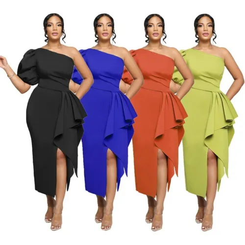 Single Shoulder Split Dress Slim Fit Women's Dress