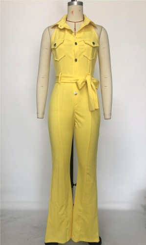 Button lapel micro flared pants, work bag jumpsuit with belt included