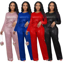 Two piece set of sequin solid color long sleeved pants