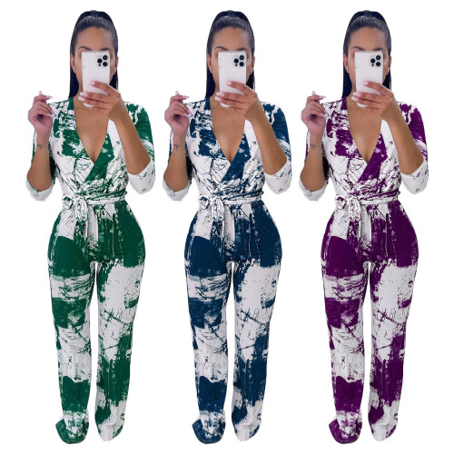 Printed casual jumpsuit with waistband
