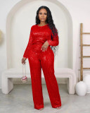 Two piece set of sequin solid color long sleeved pants
