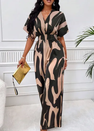 Women's full body printed bat sleeve wide leg jumpsuit