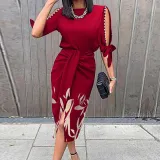 Women's high waisted printed three quarter sleeve slim fitting sexy dress