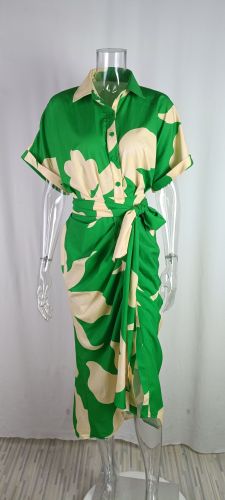 Women's printed lapel short sleeved high waisted long shirt dress