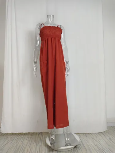 Women's solid color suspender pleated casual style commuting high waisted jumpsuit