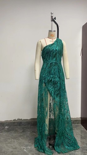 Women's diagonal shoulder slit long dress, toasting dress, sequin suspender evening dress