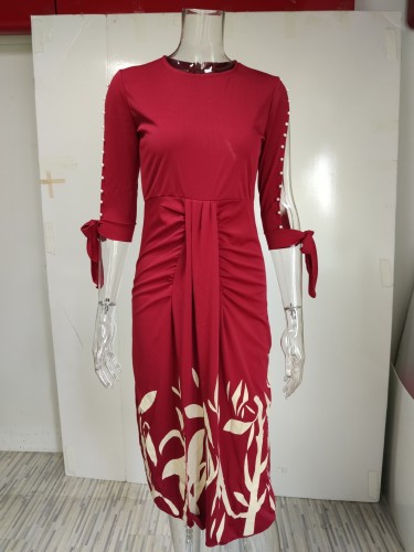Women's high waisted printed three quarter sleeve slim fitting sexy dress