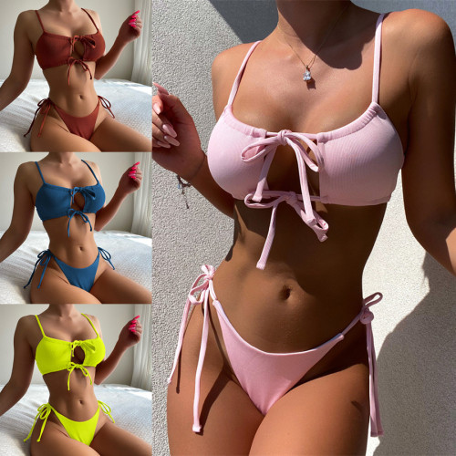 Solid color bikini strap swimsuit