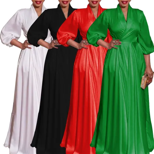 Women's temperament commuting V-neck high waisted solid color women's dress