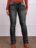 Elastic slim fit straight leg denim pants, women's embroidered jeans